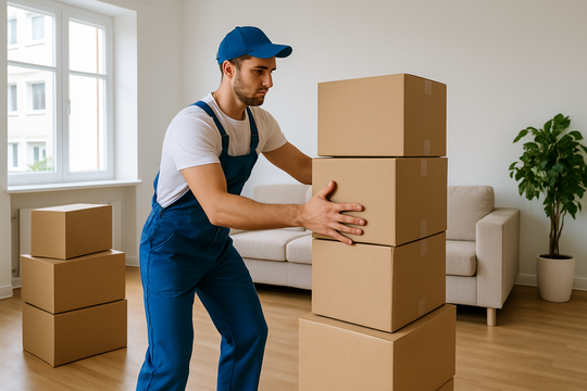 Umzugshelfer stapeln Kartons in Braunschweiger Wohnung