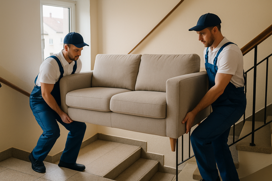 Umzugshelfer Braunschweig tragen Sofa die Treppe hinunter
